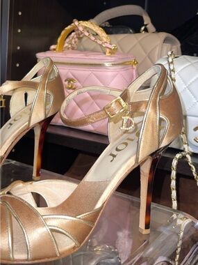 DIOR AUTHENTIC Tan Metallic W/ Dior Charm Strappy Heel Sandals-Price Negotiable